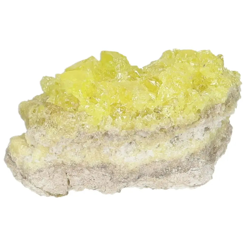 Rough sulfur druze showcasing vibrant yellow crystals on a rugged matrix, known for its energy and purification properties - Sylvia Crystals