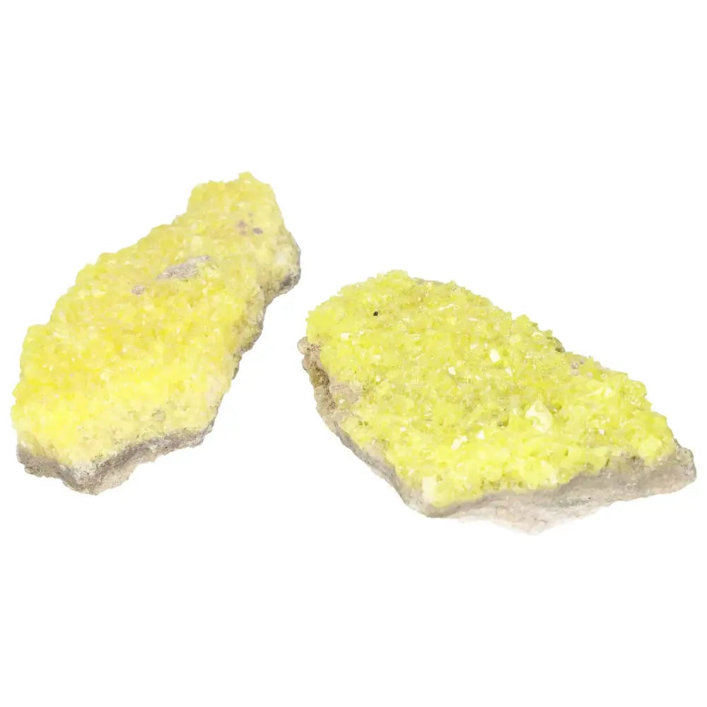 Rough Sulphur Druze XL by Sylvia Crystals, showcasing vibrant yellow hues and raw natural energy, ideal for cleansing and negativity dispelling.