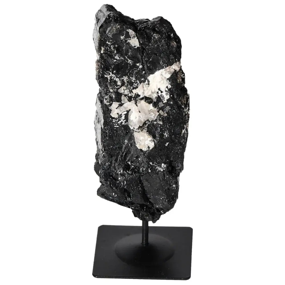 Rough Tourmaline on Metal Stand from Sylvia Crystals, showcasing natural beauty and vibrant hues for elegant interior decor.