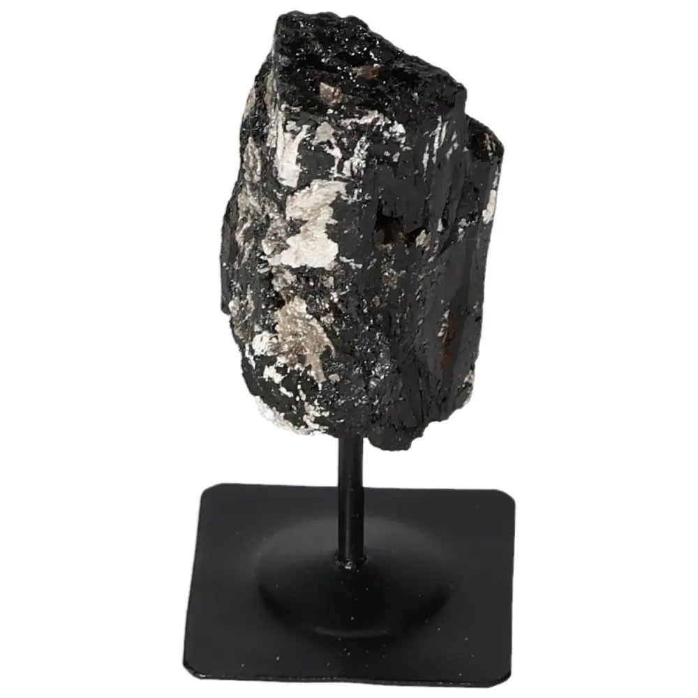 Rough Tourmaline on Metal Stand by Sylvia Crystals, luxury natural decor piece combining art and nature, black stone elegance.