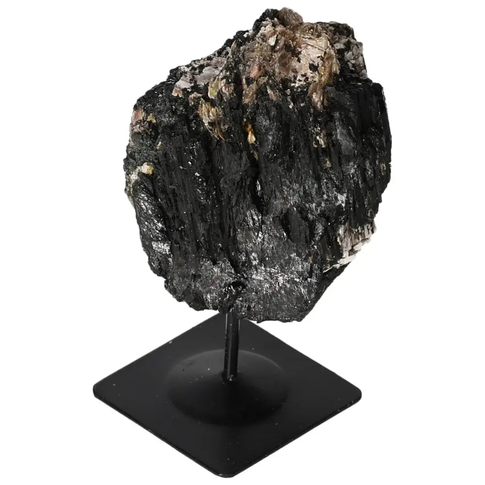Rough Tourmaline on sleek metal stand, highlighting its natural beauty and sophistication, perfect for enhancing any interior space.