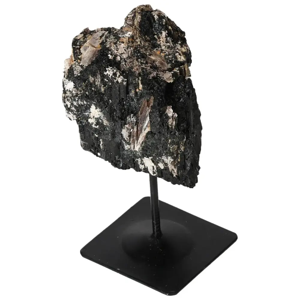 Rough Tourmaline on Metal Stand - Sylvia Crystals elegant centerpiece, showcasing natural beauty and sophistication.