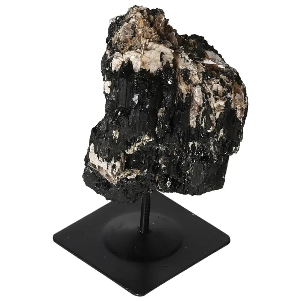 Rough Tourmaline on Metal Stand, showcasing natural elegance and sophistication from Sylvia Crystals, ideal for interior decor.