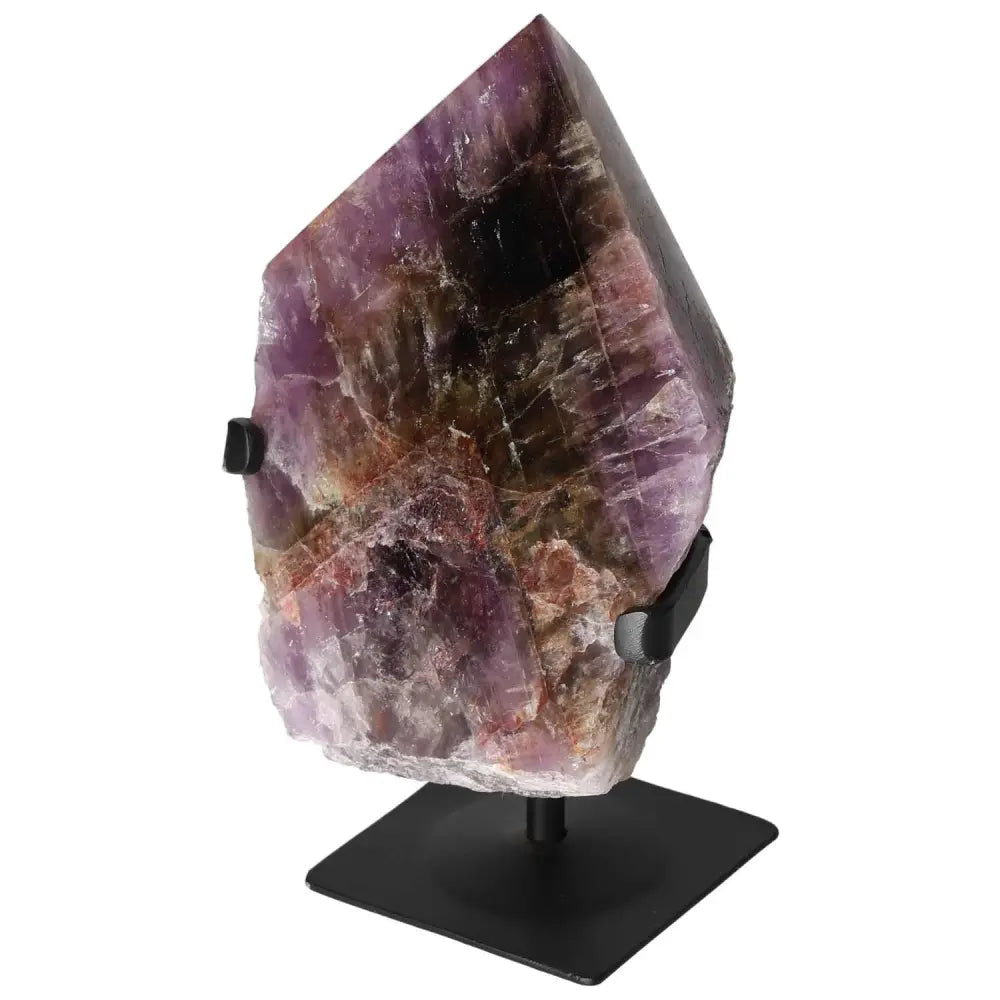 Seven Point Polished Amethyst crystal from Sylvia Crystals, showcasing its lustrous finish and stress-relief benefits on a display stand.
