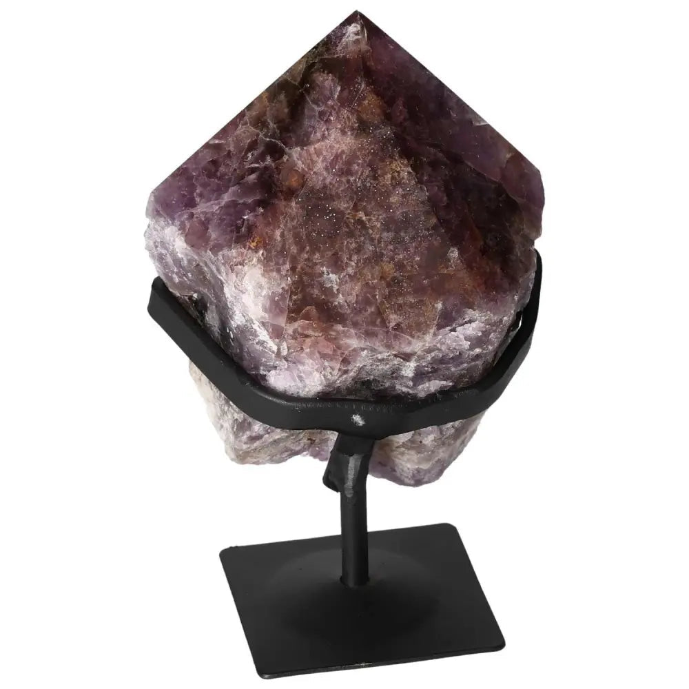 Seven Point Polished Amethyst on display stand, showcasing Sylvia Crystals' premium gemstone craftsmanship and natural beauty.
