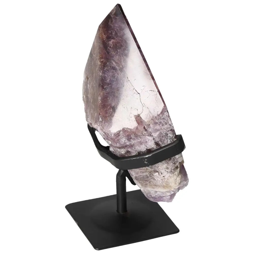 Seven Point Polished Amethyst crystal on display stand from Sylvia Crystals' premium collection, known for its beauty and stress relief.