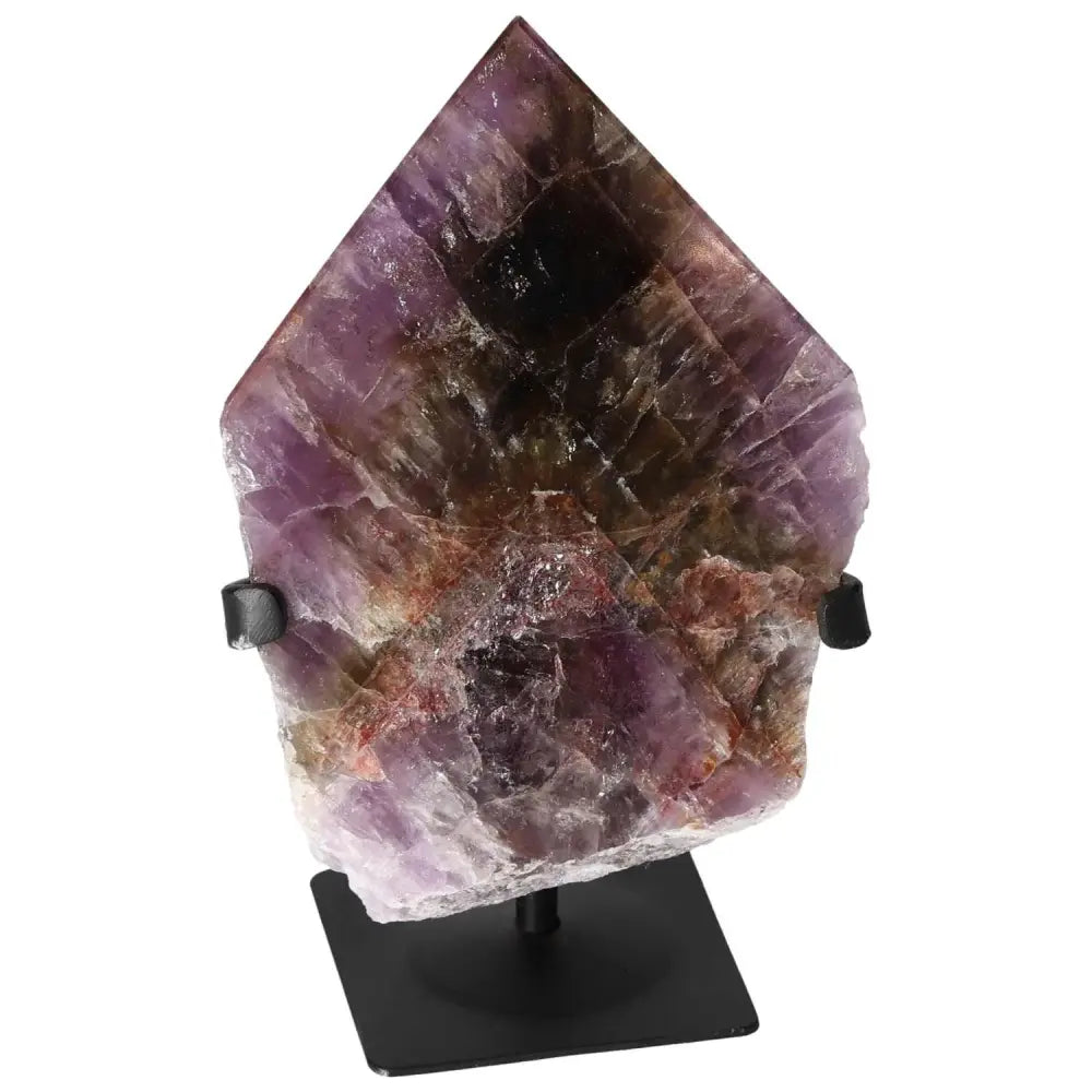 Seven Point Polished Amethyst crystal from Sylvia Crystals, showcasing natural beauty and stress-relief properties, on a display stand.