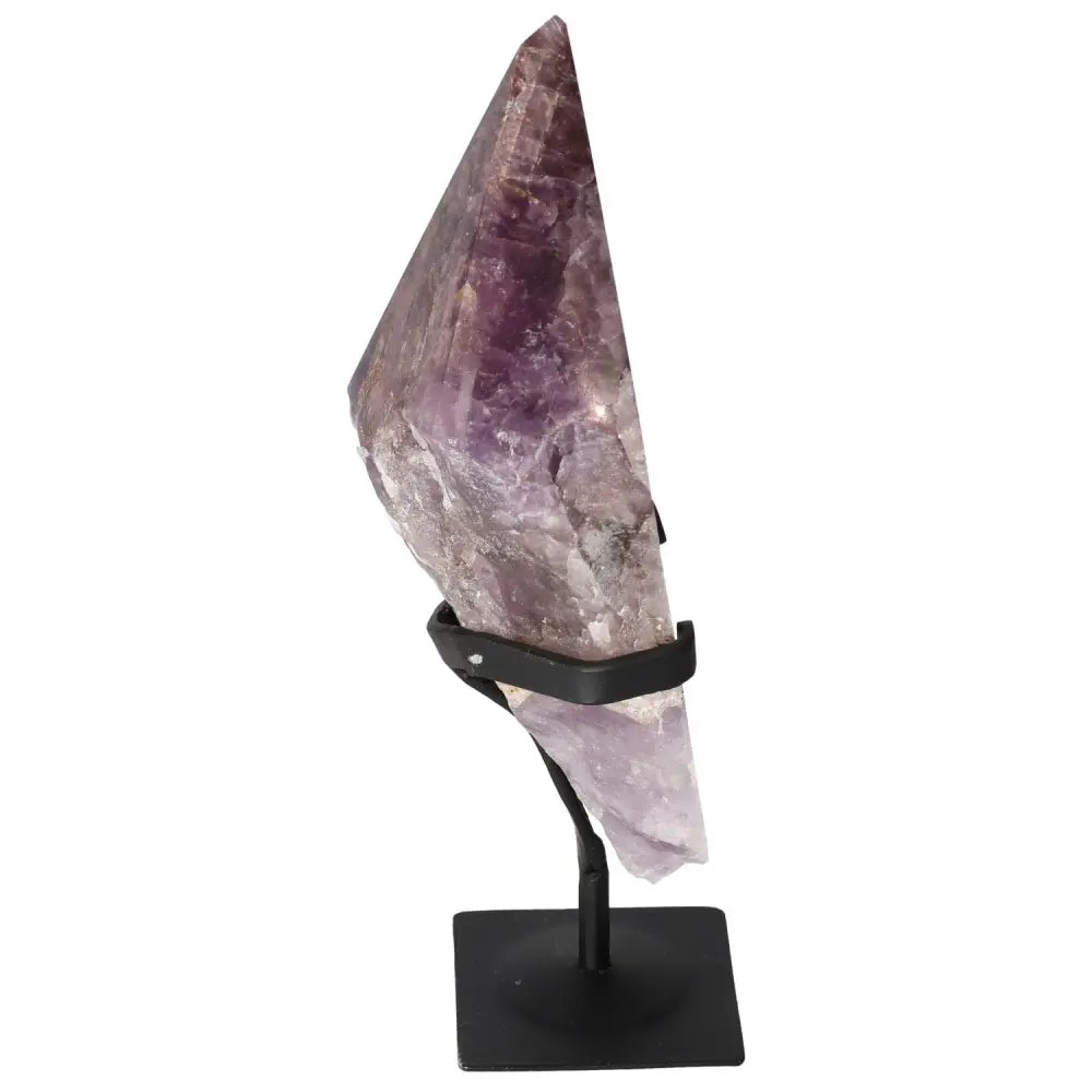 Seven Point Polished Amethyst crystal on black stand from Sylvia Crystals, sourced for beauty and stress relief.