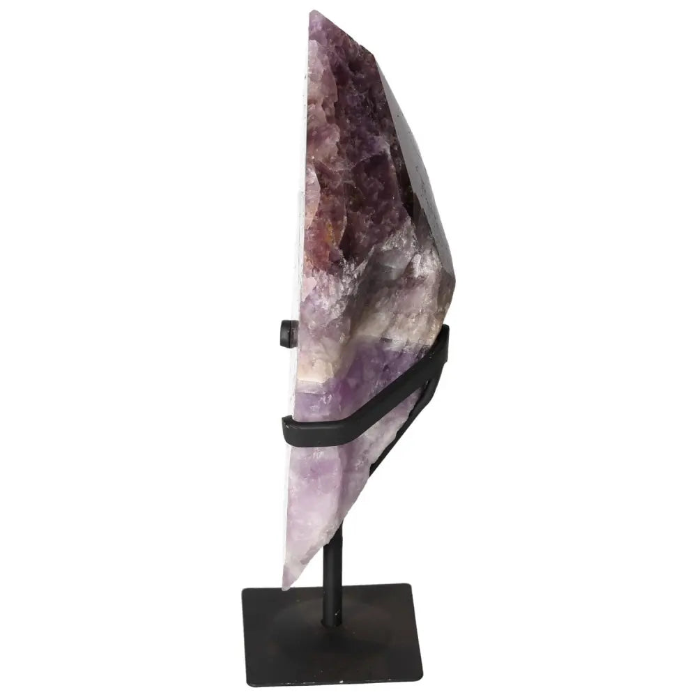 Side view of Seven Point Polished Amethyst crystal mounted on a black stand, showcasing its luxurious and spiritual appeal.