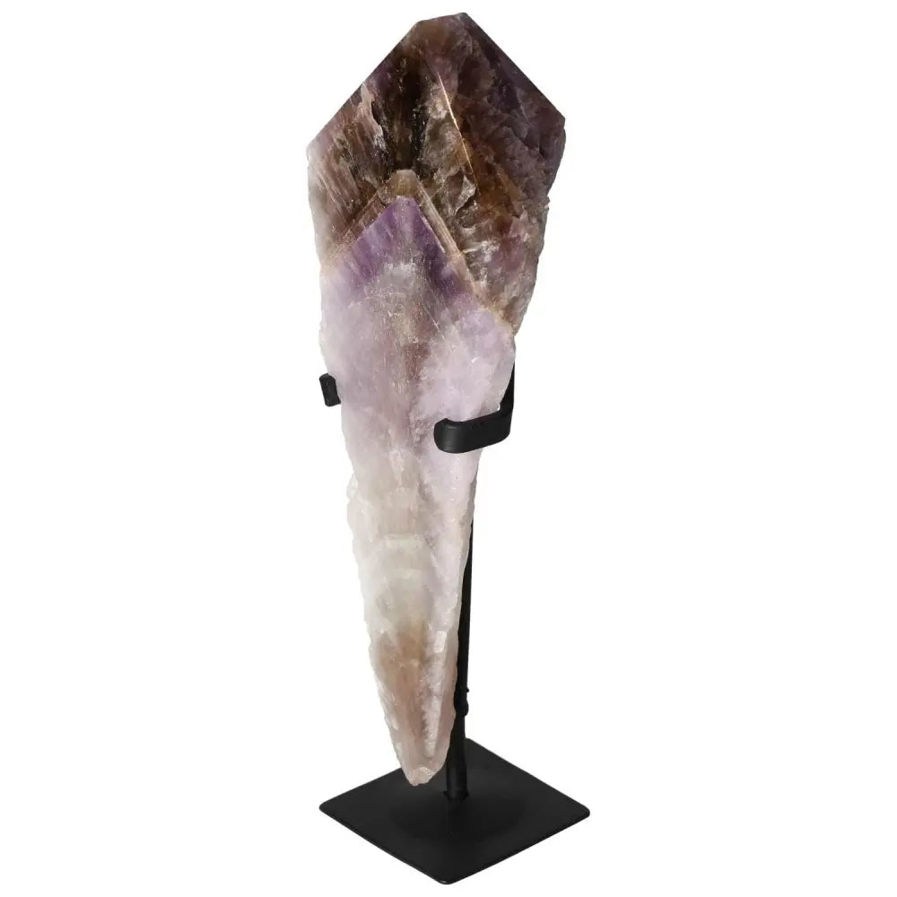 Seven Point Polished Amethyst on stand showcasing its brilliant hues, enhancing stress relief, concentration, and emotional stability.