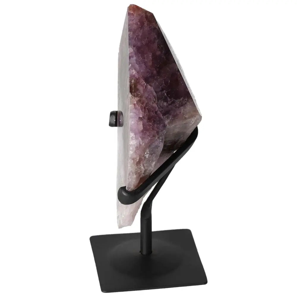 Seven Point Polished Amethyst crystal on black stand, showcasing its purple hues and unique points, from Sylvia Crystals.