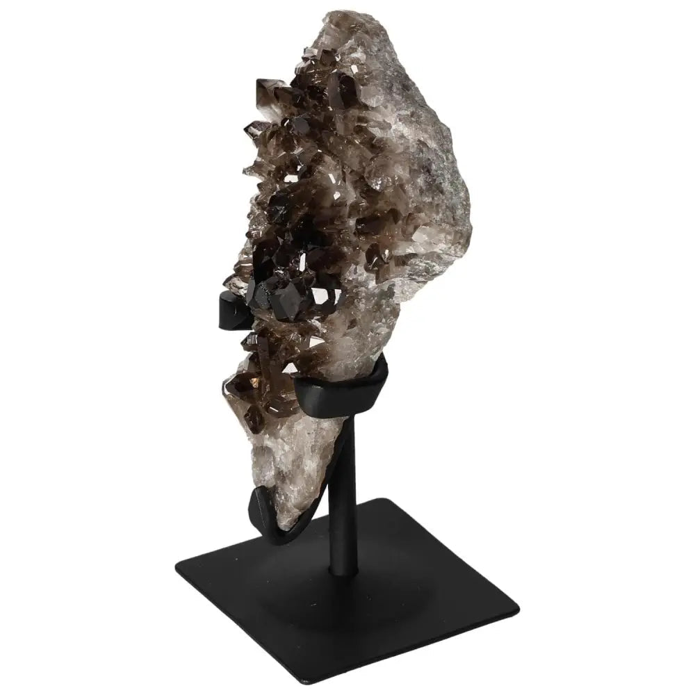 Elegant Smoky Quartz crystal on a metal stand, enhancing decor with its grounding and mentally clarifying properties.