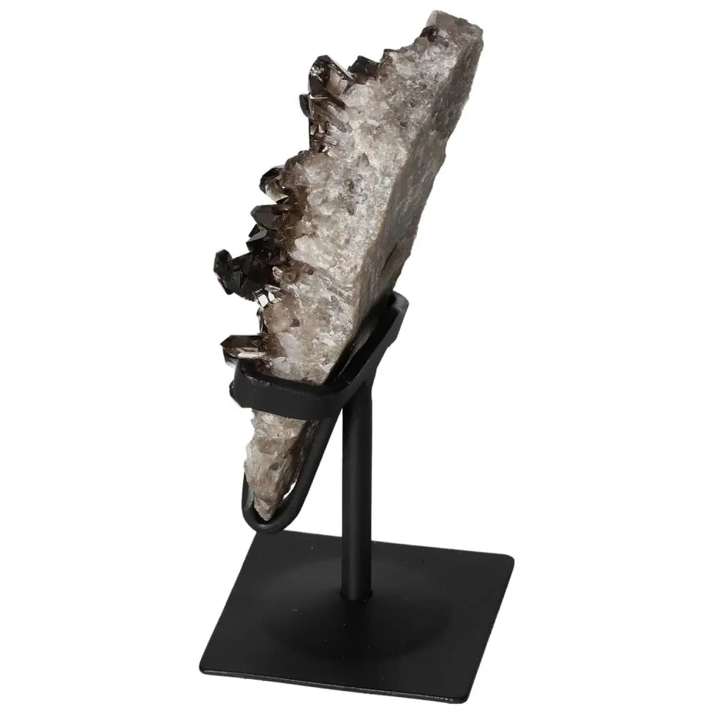 Smoky Quartz crystal on a black metal stand, showcasing its natural elegance and enhancing mental clarity.
