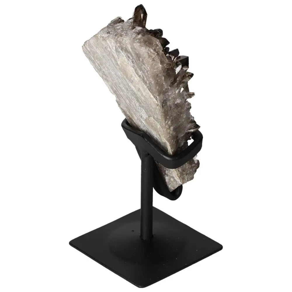 Smoky Quartz crystal on a sleek metal stand, an elegant decor piece from Sylvia Crystals enhancing mental clarity and grounding energies.