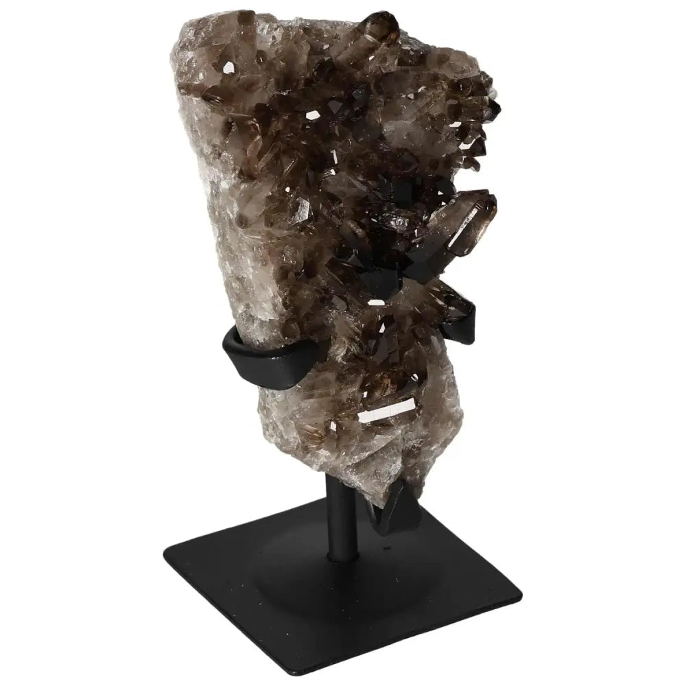 Smoky Quartz on metal stand, enhancing decor with elegance and mental clarity from Sylvia Crystals.