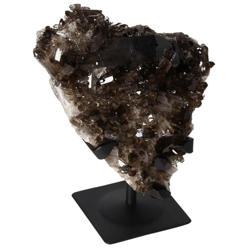 Premium smoky quartz crystal on metal stand, enhancing clarity and balance, from Sylvia Crystals' luxury collection.
