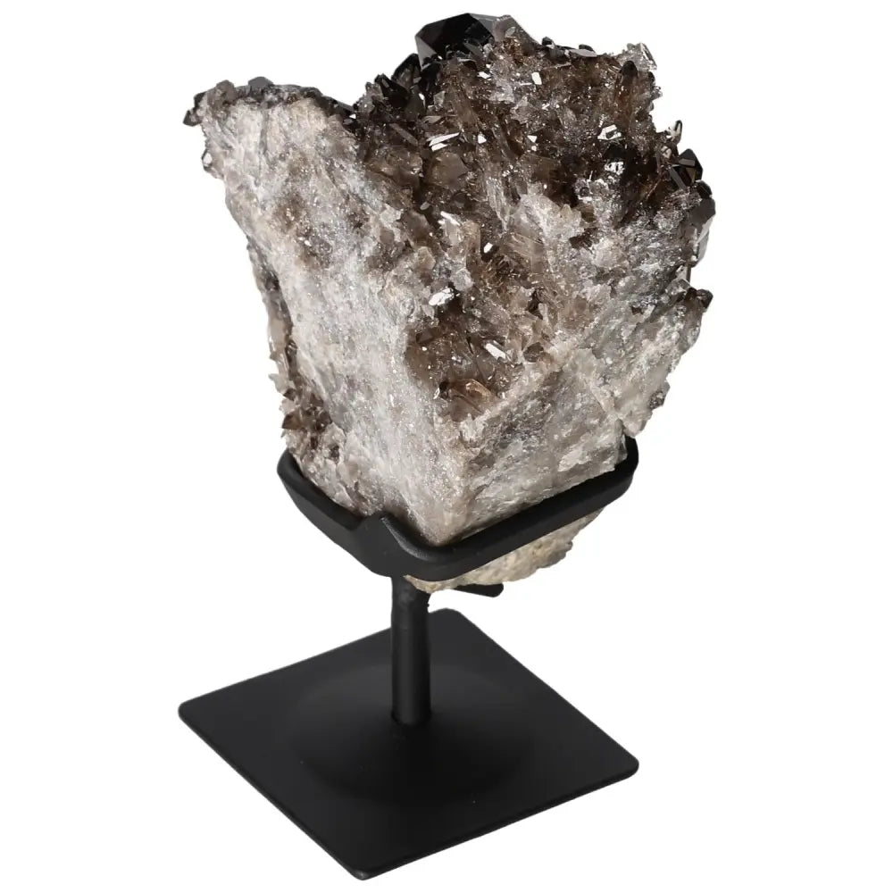 Smoky Quartz With Metal Stand by Sylvia Crystals, enhancing clarity and balance, perfect for professionals seeking luxury and spirituality.