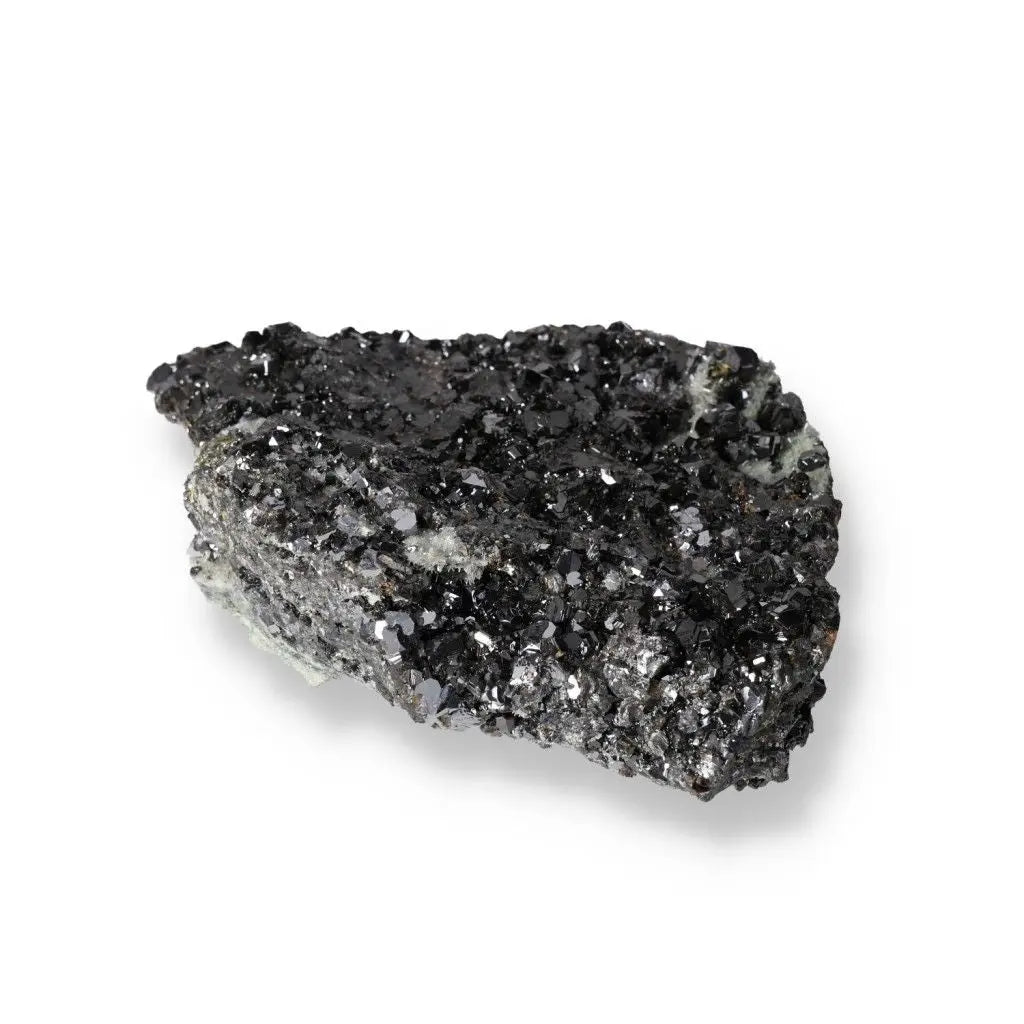 Sphalerite mineral specimen with shimmering dark crystal surface, used in jewelry and spiritual practices for energy grounding.
