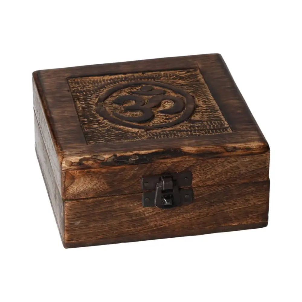 Square wooden keepsake box with carved Om symbol, 13x13x6 cm