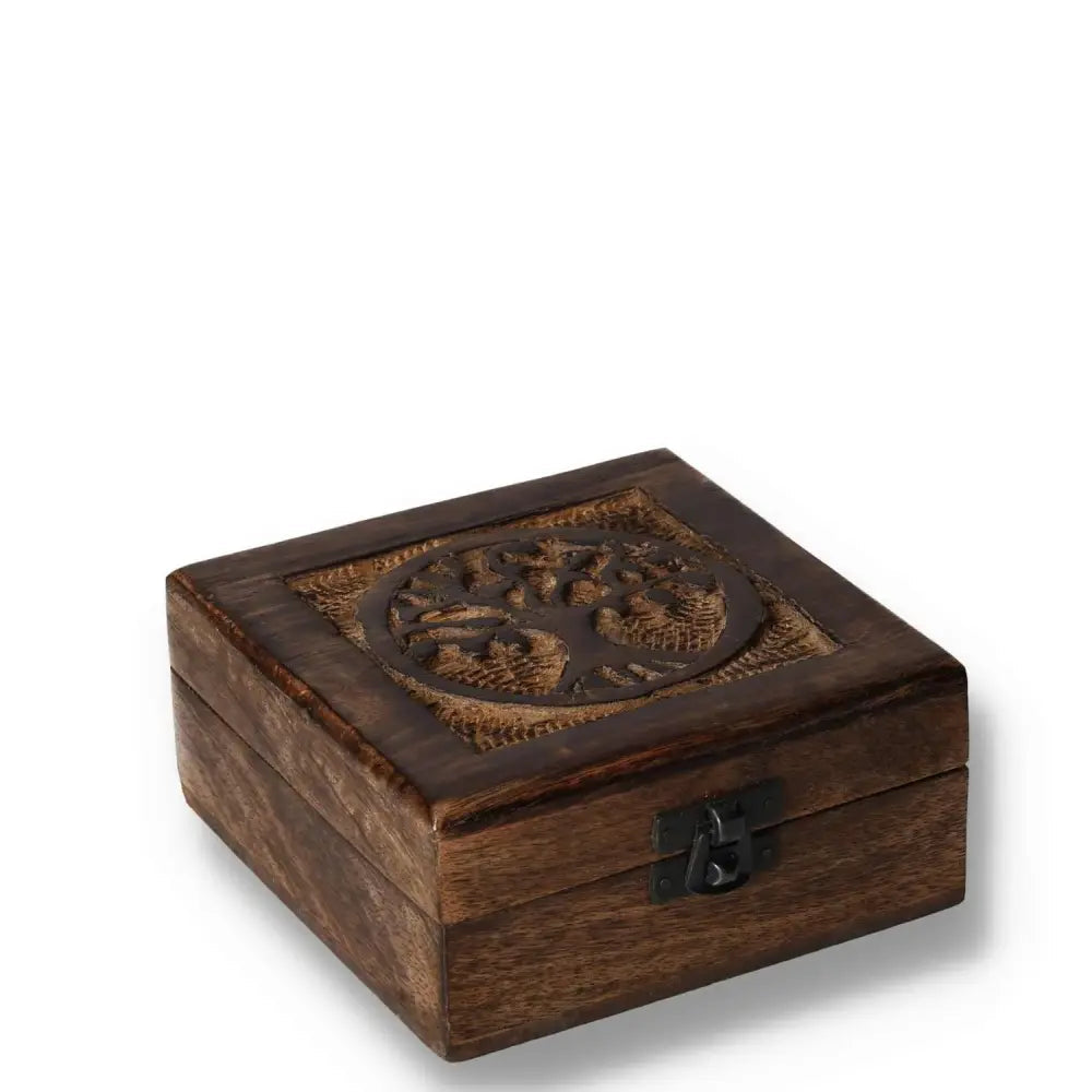 Square wooden keepsake box 13x13x6cm with engraved Tree of Life design on lid.