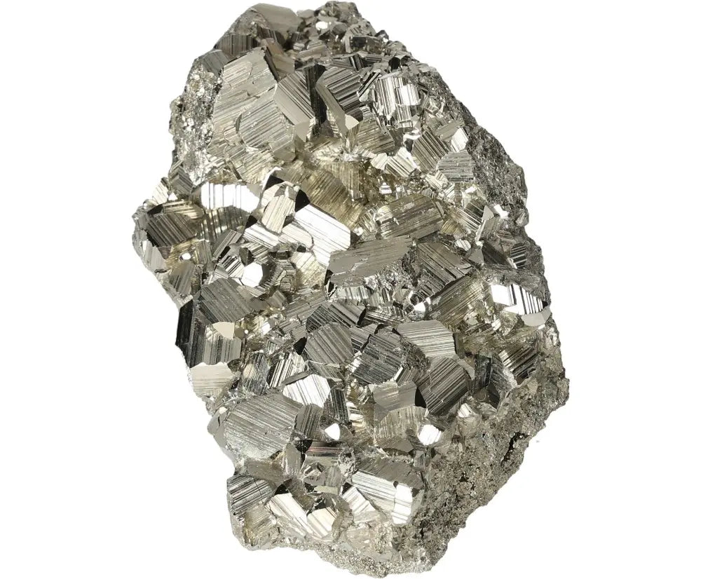 Superior quality pyrite cluster with geometric cubic formations and metallic luster, showcasing intricate natural detail.