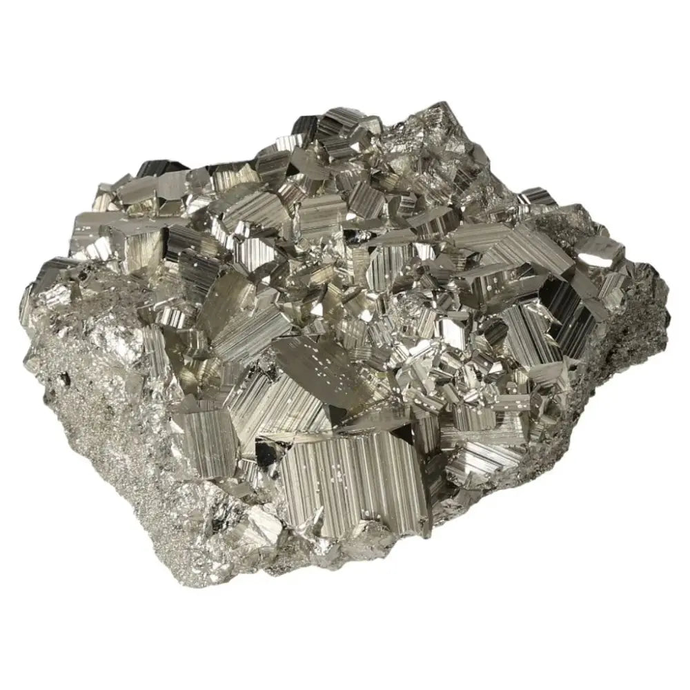Superior quality pyrite cluster with geometric formations and metallic luster, showcasing natural elegance and geological beauty.