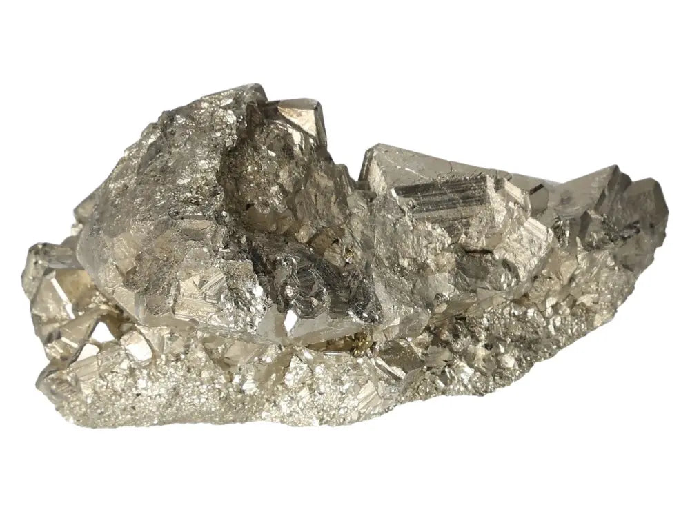 Superior quality pyrite cluster with cubic formations, showcasing metallic luster in intricate detail, sourced from premium deposits.