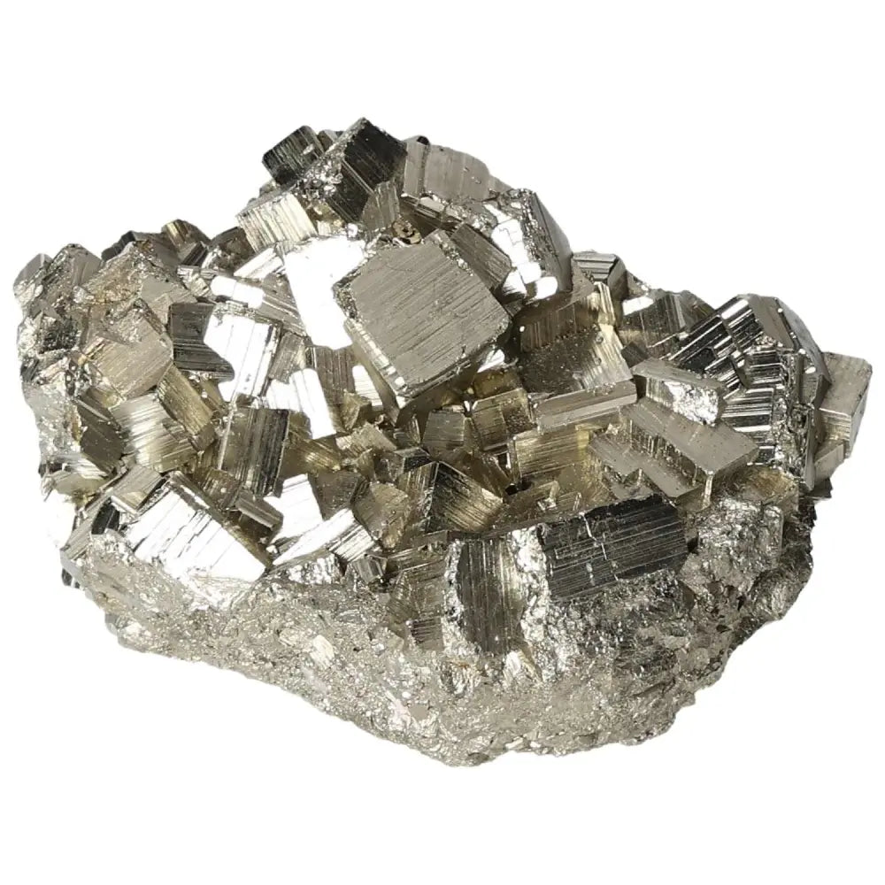 Superior Quality Pyrite Cluster showcasing metallic luster and geometric formations, ideal for collectors and crystal enthusiasts.