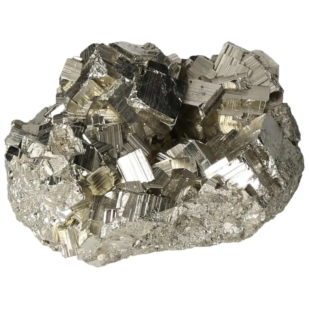 Superior quality pyrite cluster with geometric formations and metallic luster, showcasing natural elegance and intricate cubic details.
