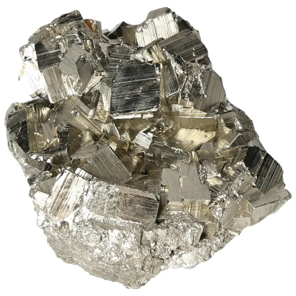 Close-up of a superior quality pyrite cluster with geometric formations and metallic luster, highlighting natural mineral beauty.