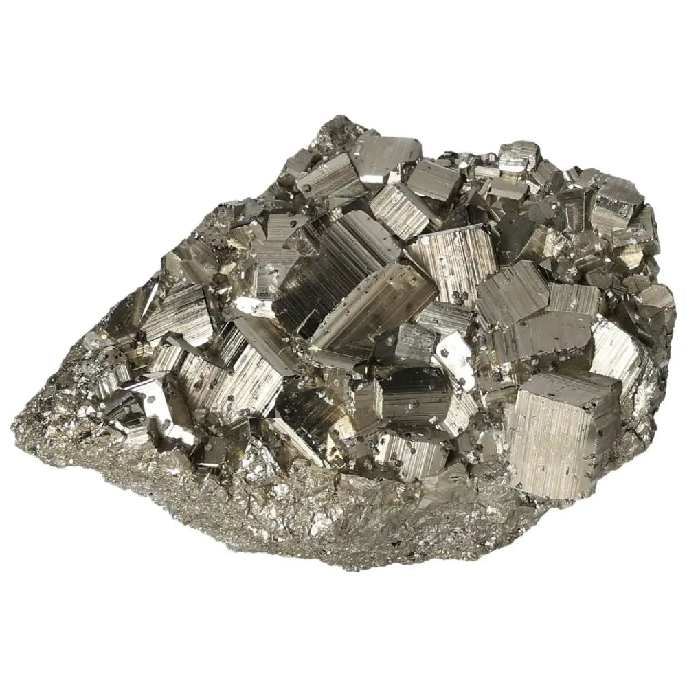 Superior quality pyrite cluster with geometric formations and metallic luster
