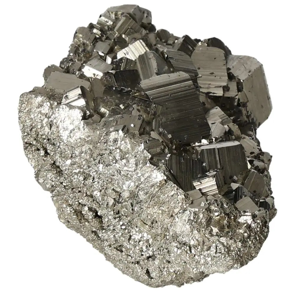 Superior quality pyrite cluster with geometric formations and metallic luster, showcasing natural elegance and brilliance.