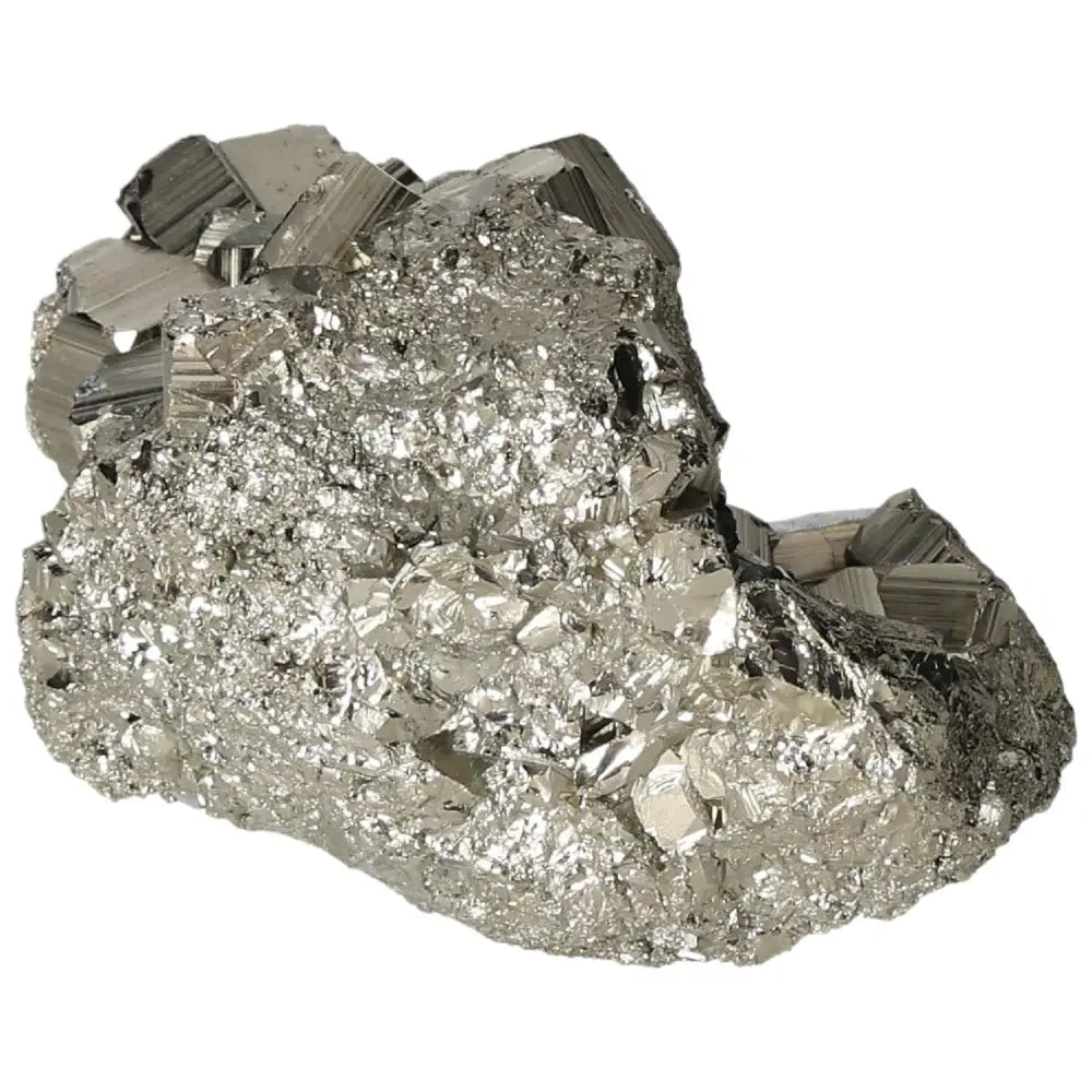 Superior quality pyrite cluster with geometric formations and metallic luster.