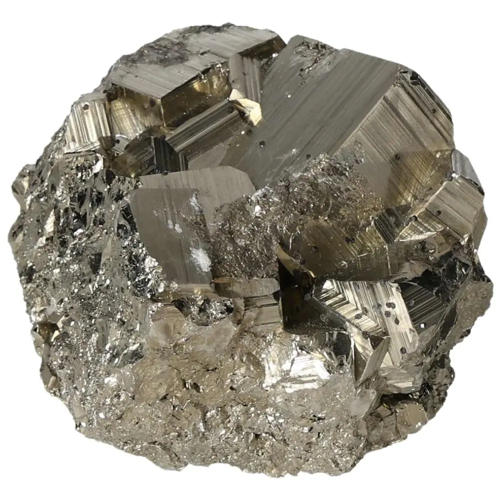 High-quality pyrite cluster with cubic formations and metallic luster, showcasing natural geometric elegance.