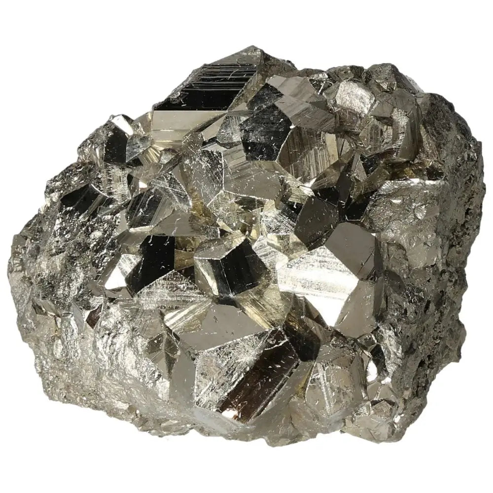 Superior quality pyrite cluster with geometric formations and metallic luster, showcasing natural elegance in shimmering detail.