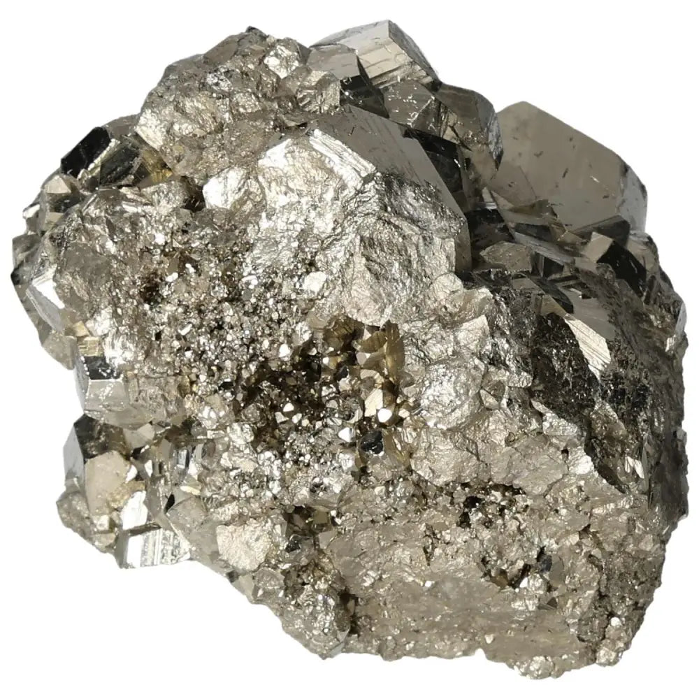 Close-up of a superior quality pyrite cluster with geometric cubic formations and metallic luster.