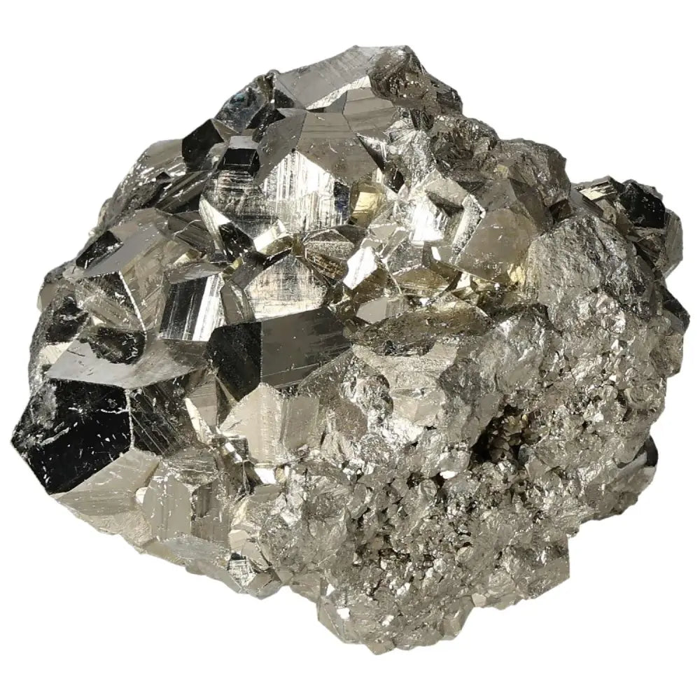 Superior Quality Pyrite Cluster with geometric cubic formations and metallic luster, highlighting natural beauty and elegance.