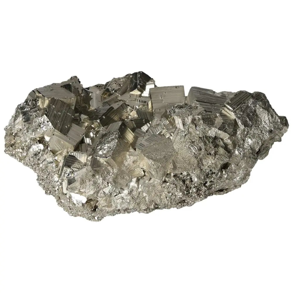Superior Quality Pyrite Cluster with geometric formations and metallic luster, showcasing its natural cubic and sculptural elegance.