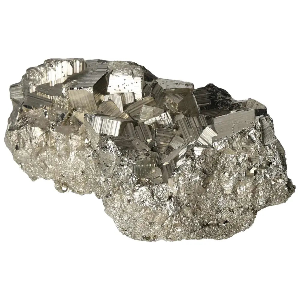 Superior quality pyrite cluster with cubic formations and metallic luster, showcasing geometric brilliance in natural form.