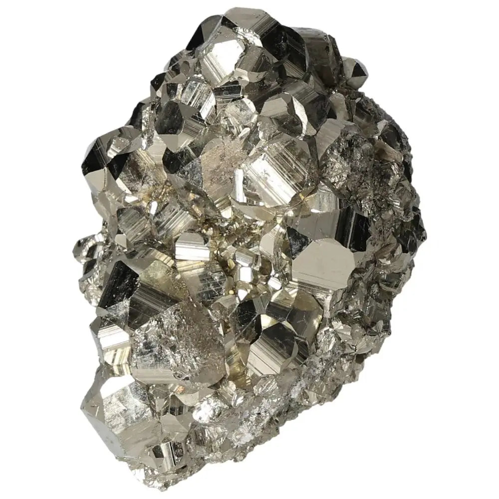 Superior quality pyrite cluster with geometric formations and metallic luster, showcasing intricate details and shimmering elegance.