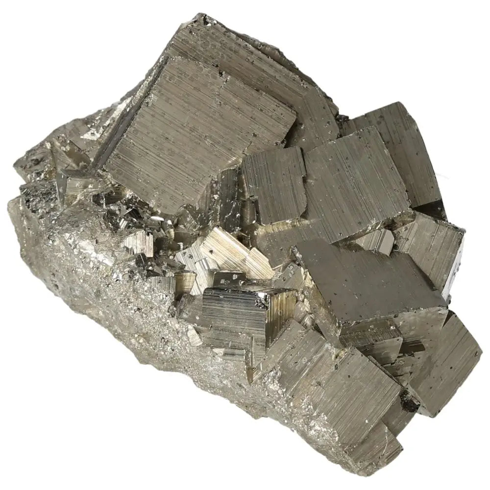 Superior quality pyrite cluster with geometric cubic formations and metallic luster, showcasing natural elegance and brilliance.