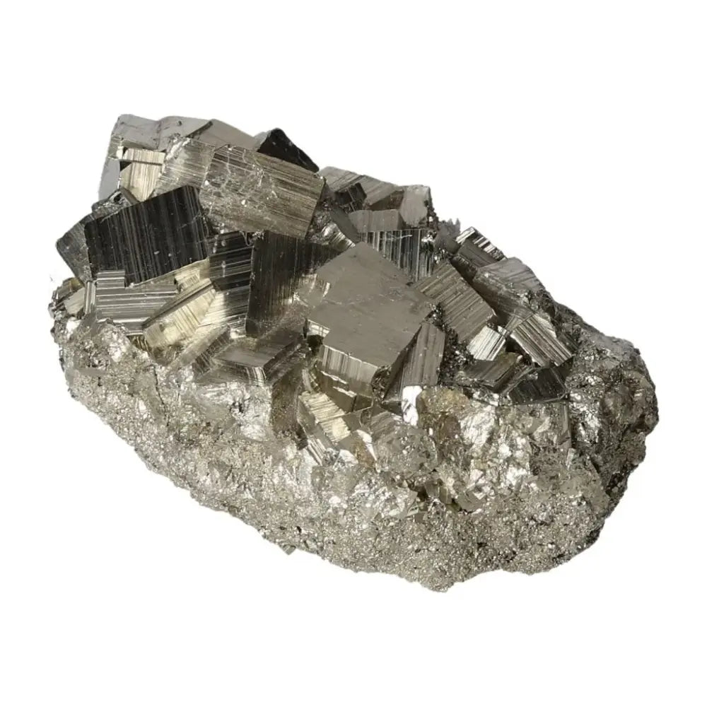Superior quality pyrite cluster with geometric formations and metallic luster on white background.