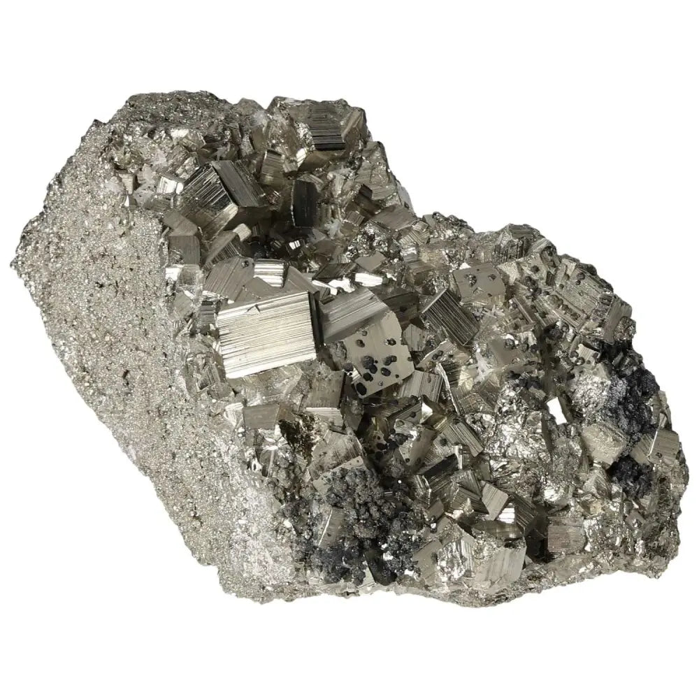 Superior quality pyrite cluster with geometric cubic formations and metallic luster.