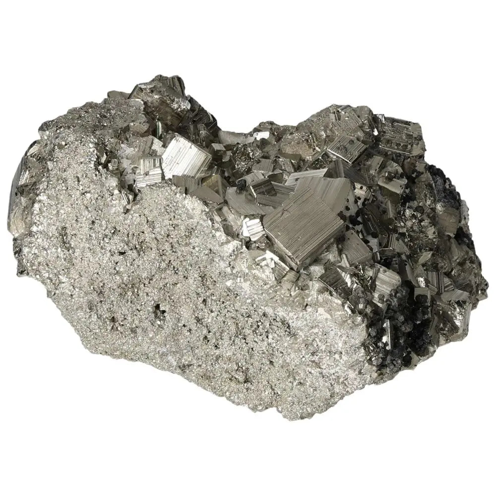 Superior quality pyrite cluster with geometric formations and metallic luster, showcasing natural elegance and brilliance.