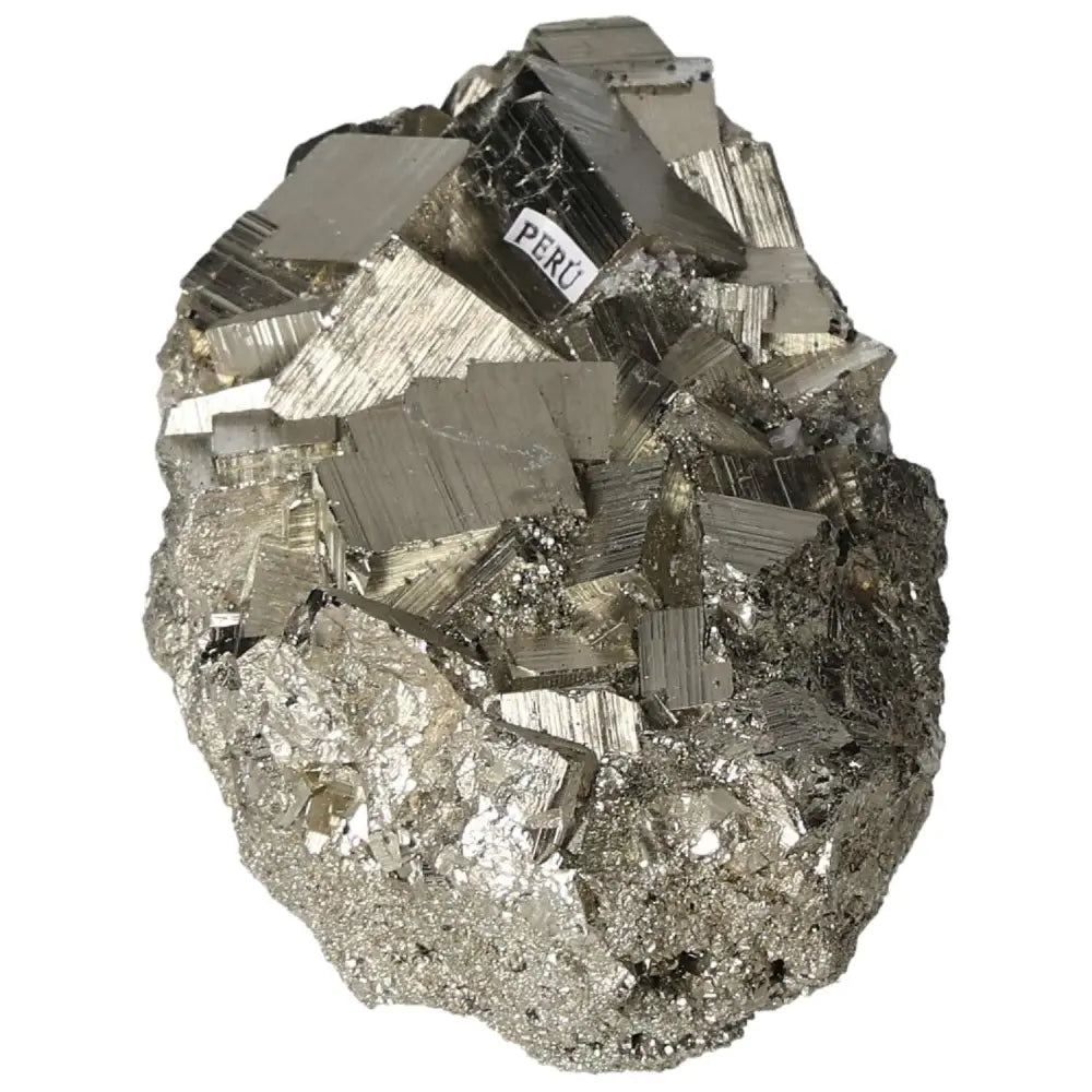 Superior quality pyrite cluster with cubic formations, showcasing metallic luster; sourced from Peru. Ideal for collectors and enthusiasts.