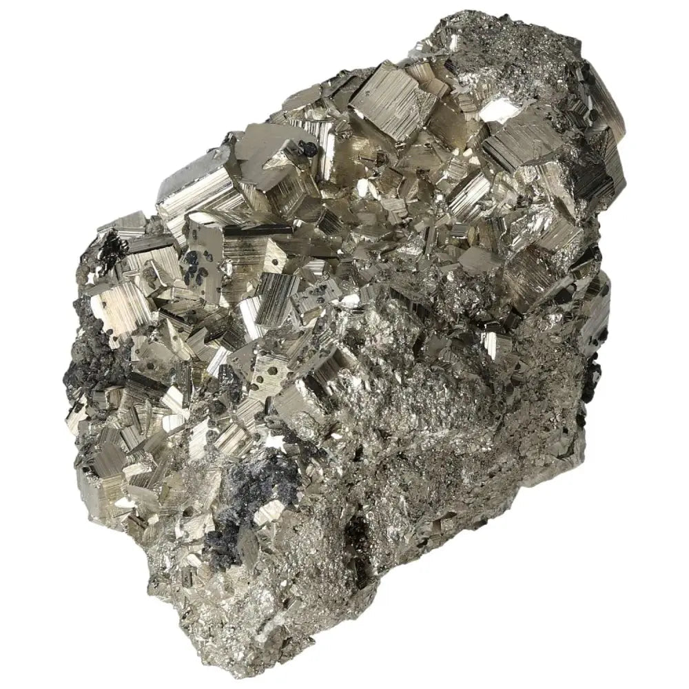 Superior Quality Pyrite Cluster with geometric brilliance, showcasing metallic luster and intricate cubic formations.
