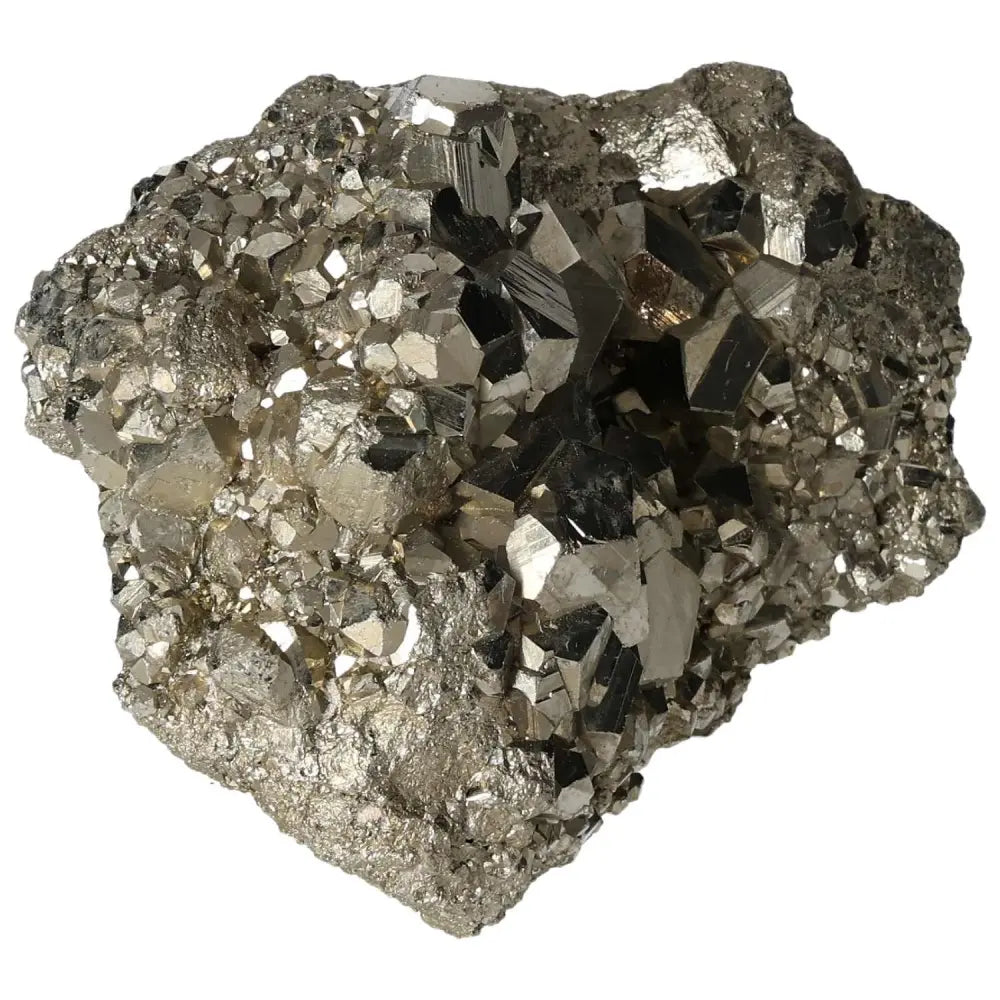 Superior grade pyrite cluster with metallic luster and geometric formations, showcasing natural cubic structures and brilliance
