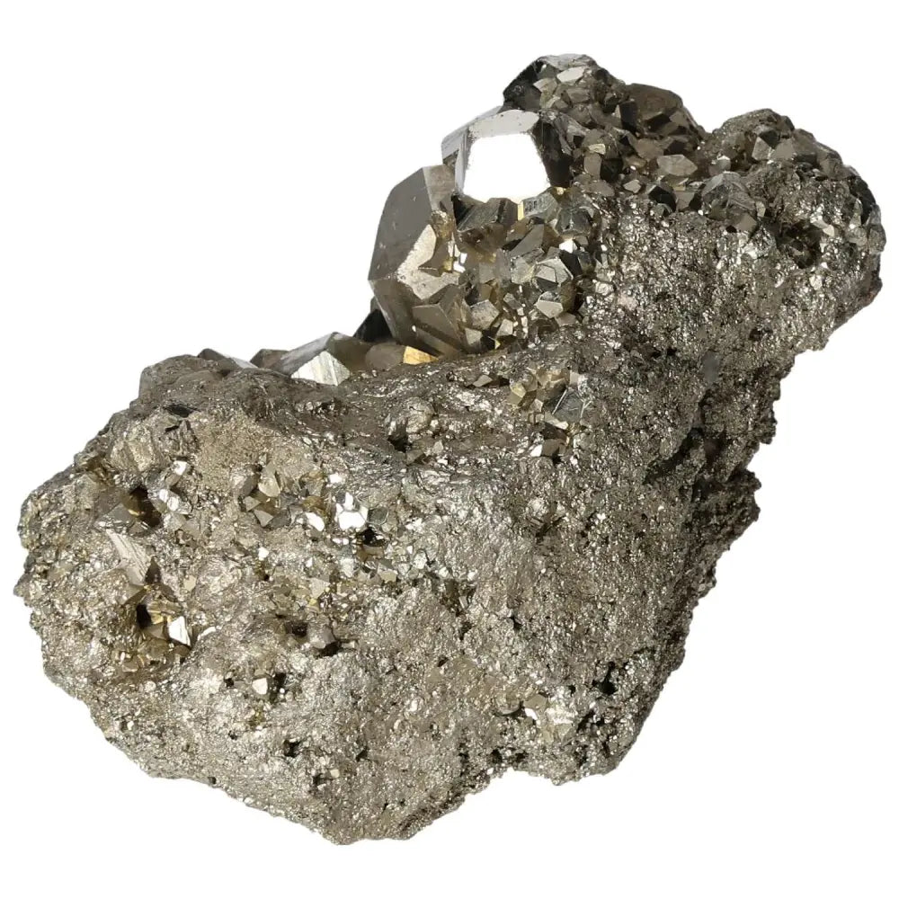 Superior Quality Pyrite Cluster with geometric cubic formations, showcasing natural metallic luster and intricate detail.