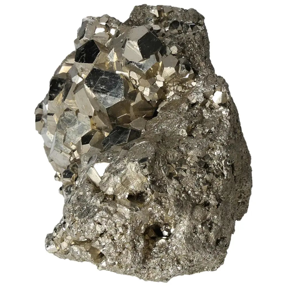 Superior quality pyrite cluster showcasing geometric formations with metallic luster, highlighting nature's sculptural elegance.