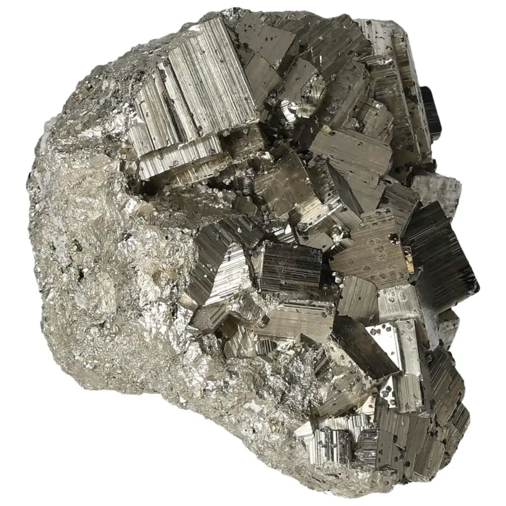 Superior Quality Pyrite Cluster featuring geometric formations and metallic luster
